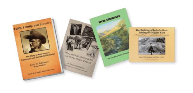 Photo of several books: Faith, Family, and Forestry, Hollywood Discovers the Kern River Valley, River Chronicles, and The Building of Isabella Dam.